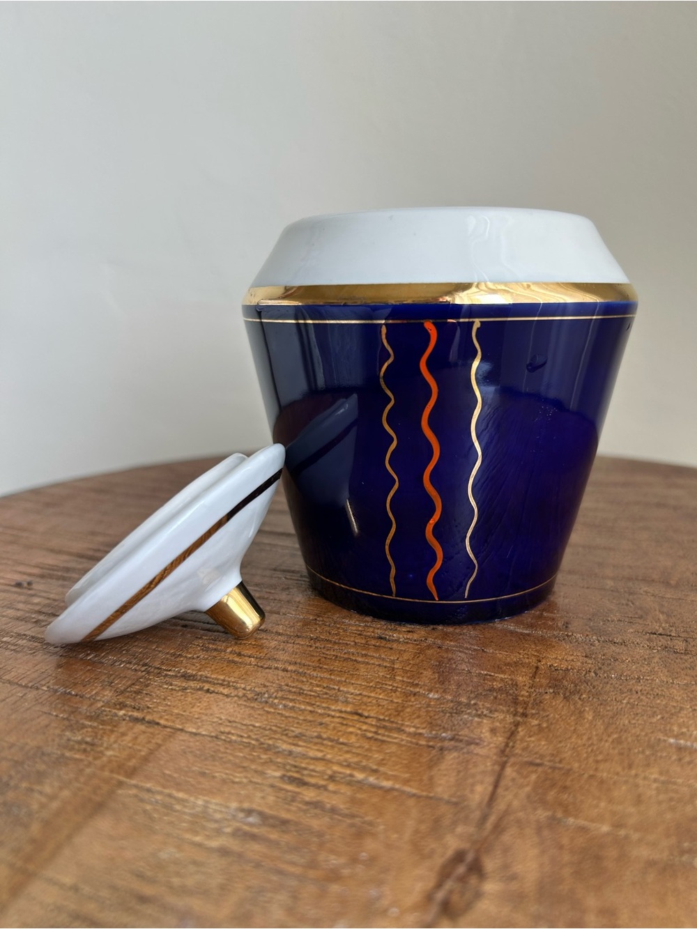 Art Deco Blue and White Porcelain Lidded Jar with Gold Trim - Picture 2 of 5